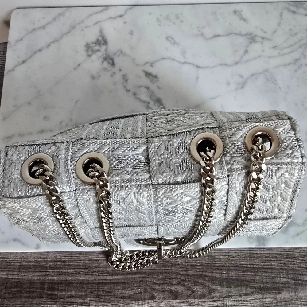 Alma Tonutti Silver Woven Metallic Chain Strap Shoulder Hand Bag Italy